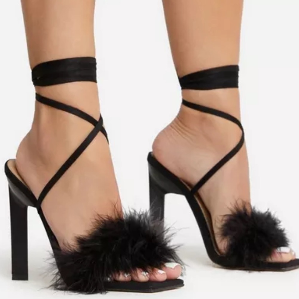 ego aubrie fluffy faux fur feather lace up square toe sculptured heel in black